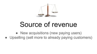 Source of revenue
● New acquisitions (new paying users)
● Upselling (sell more to already paying customers)
 