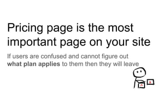 Pricing page is the most
important page on your site
If users are confused and cannot figure out
what plan applies to them then they will leave
 