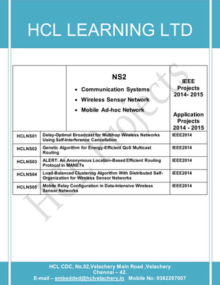 HCL LEARNING LTD 
NS2 
 Communication Systems 
 Wireless Sensor Network 
 Mobile Ad-hoc Network 
IEEE 
Projects 
2014- 2015 
Application 
Projects 
2014 - 2015 
HCLNS01 Delay-Optimal Broadcast for Multihop Wireless Networks 
Using Self-Interference Cancellation 
IEEE2014 
HCLNS02 Genetic Algorithm for Energy-Efficient QoS Multicast 
Routing 
IEEE2014 
HCLNS03 ALERT: An Anonymous Location-Based Efficient Routing 
Protocol in MANETs 
IEEE2014 
HCLNS04 Load-Balanced Clustering Algorithm With Distributed Self- 
Organization for Wireless Sensor Networks 
IEEE2014 
HCLNS05 Mobile Relay Configuration in Data-Intensive Wireless 
Sensor Networks 
IEEE2014 
HCL CDC, No.52,Velachery Main Road ,Velachery 
Chennai – 42. 
E-mail – embedded@hclvelachery.in Mobile No: 9382207007 
 