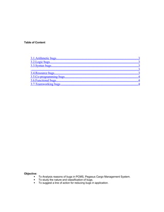 Table of Content




    3.1.Arithmetic bugs......................................................................................................3
    3.2.Logic bugs..............................................................................................................3
    3.3.Syntax bugs............................................................................................................3
    .....................................................................................................................................3
    3.4.Resource bugs........................................................................................................3
    3.5.Co-programming bugs...........................................................................................4
    3.6.Functional bugs......................................................................................................4
    3.7.Teamworking bugs ................................................................................................4




Objective:
        To Analysis reasons of bugs in PCMS, Pegasus Cargo Management System.
        To study the nature and classification of bugs.
        To suggest a line of action for reducing bugs in application.
 