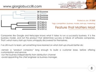 Feature that Matters Most Companies like Google and Netscape knows what it takes to run a successful business. It is the business model, and not the product that determines success or failure of software companies. That’s what many start-ups have unhappily discovered for themselves.    I’ve still much to learn, yet something have learned on what start-ups should better do:  – remain a “product company” long enough to build a customer base, before offering customization and services – run the business independently from distribution channel – avoid appointing the chief engineer as business manager.   Posted on Jan, 29 2008 Tags:  competition, business, model, start-ups, marketing 8 
