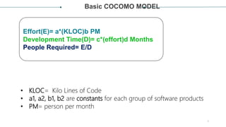 4
Basic COCOMO MODEL
• KLOC= Kilo Lines of Code
• a1, a2, b1, b2 are constants for each group of software products
• PM= person per month
Effort(E)= a*(KLOC)b PM
Development Time(D)= c*(effort)d Months
People Required= E/D
 