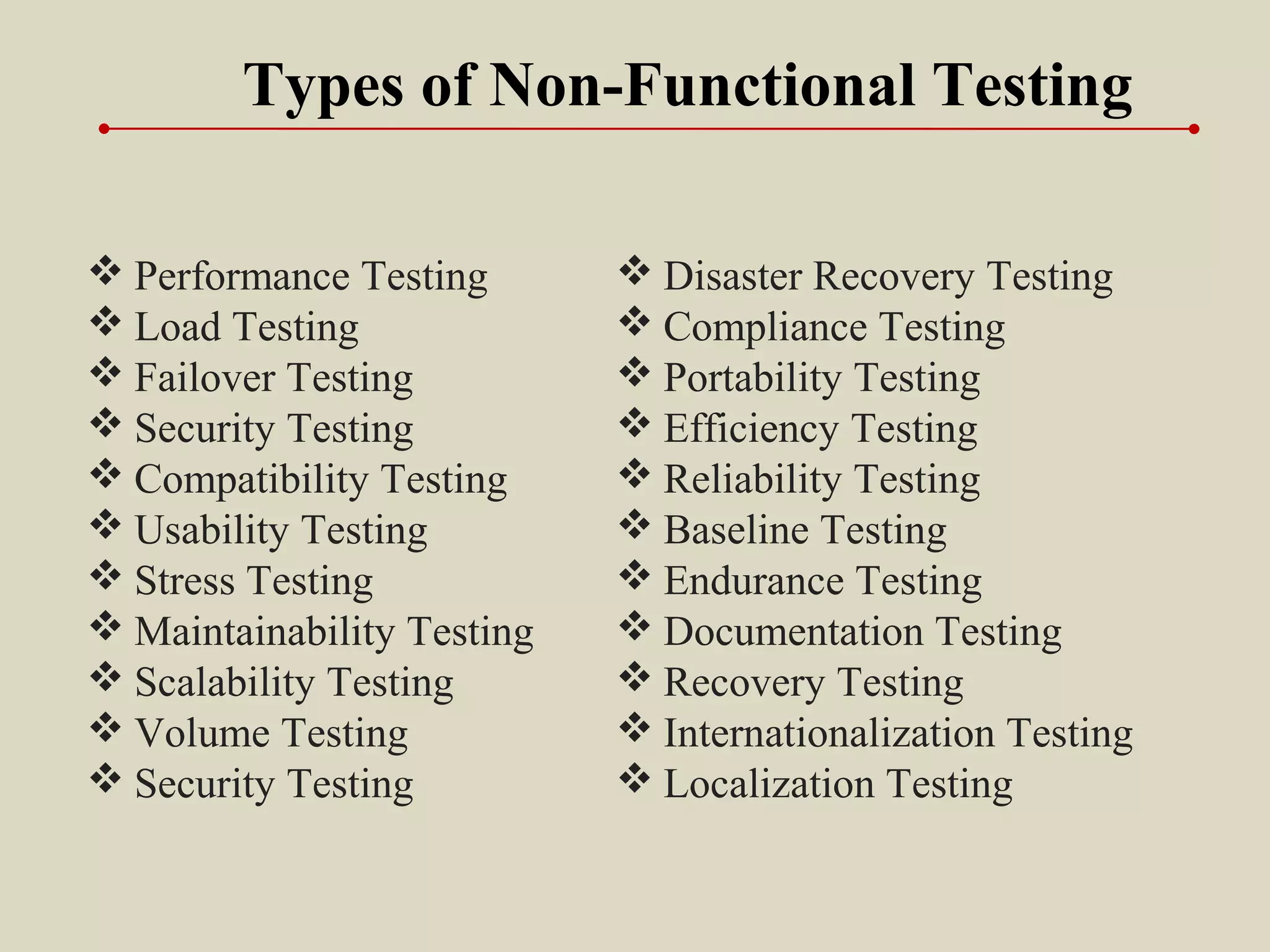 Types of Non-Functional Testing
 Performance Testing
 Load Testing
 Failover Testing
 Security Testing
 Compatibility Testing
 Usability Testing
 Stress Testing
 Maintainability Testing
 Scalability Testing
 Volume Testing
 Security Testing
 Disaster Recovery Testing
 Compliance Testing
 Portability Testing
 Efficiency Testing
 Reliability Testing
 Baseline Testing
 Endurance Testing
 Documentation Testing
 Recovery Testing
 Internationalization Testing
 Localization Testing
 
