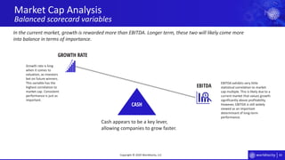 83
Market Cap Analysis
Balanced scorecard variables
Copyright © 2020 Worldlocity, LLC
GROWTH RATE
EBITDA
Growth rate is king
when it comes to
valuation, as investors
bet on future winners.
This variable has the
highest correlation to
market cap. Consistent
performance is just as
important.
EBITDA exhibits very little
statistical correlation to market
cap multiple. This is likely due to a
current market that values growth
significantly above profitability.
However, EBITDA is still widely
viewed as an important
determinant of long-term
performance.
Cash appears to be a key lever,
allowing companies to grow faster.
CASH
In the current market, growth is rewarded more than EBITDA. Longer term, these two will likely come more
into balance in terms of importance.
 