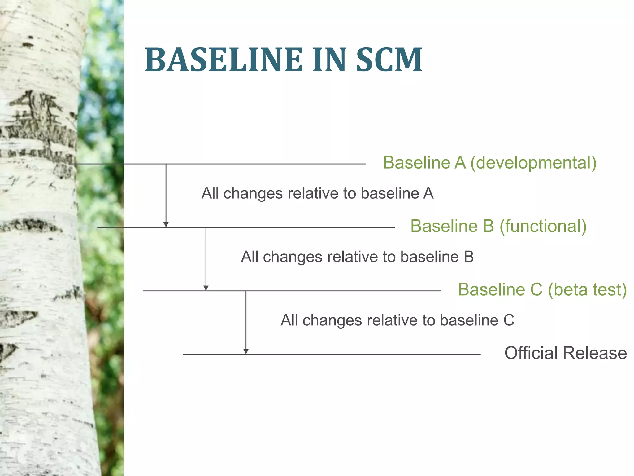 BASELINE IN SCM

                             Baseline A (developmental)
   All changes relative to baseline A

                                 Baseline B (functional)
        All changes relative to baseline B

                                        Baseline C (beta test)
              All changes relative to baseline C

                                              Official Release
 