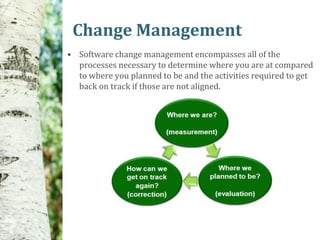 Change Management
• Software change management encompasses all of the
  processes necessary to determine where you are at compared
  to where you planned to be and the activities required to get
  back on track if those are not aligned.
 