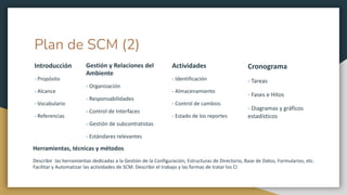 Plan de SCM (2)
Introducción
- Propósito
- Alcance
- Vocabulario
- Referencias
Gestión y Relaciones del
Ambiente
- Organización
- Responsabilidades
- Control de Interfaces
- Gestión de subcontratistas
- Estándares relevantes
Actividades
- Identificación
- Almacenamiento
- Control de cambios
- Estado de los reportes
Cronograma
- Tareas
- Fases e Hitos
- Diagramas y gráficos
estadísticos
Herramientas, técnicas y métodos
Describir las herramientas dedicadas a la Gestión de la Configuración, Estructuras de Directorio, Base de Datos, Formularios, etc.
Facilitar y Automatizar las actividades de SCM. Describir el trabajo y las formas de tratar los CI
 