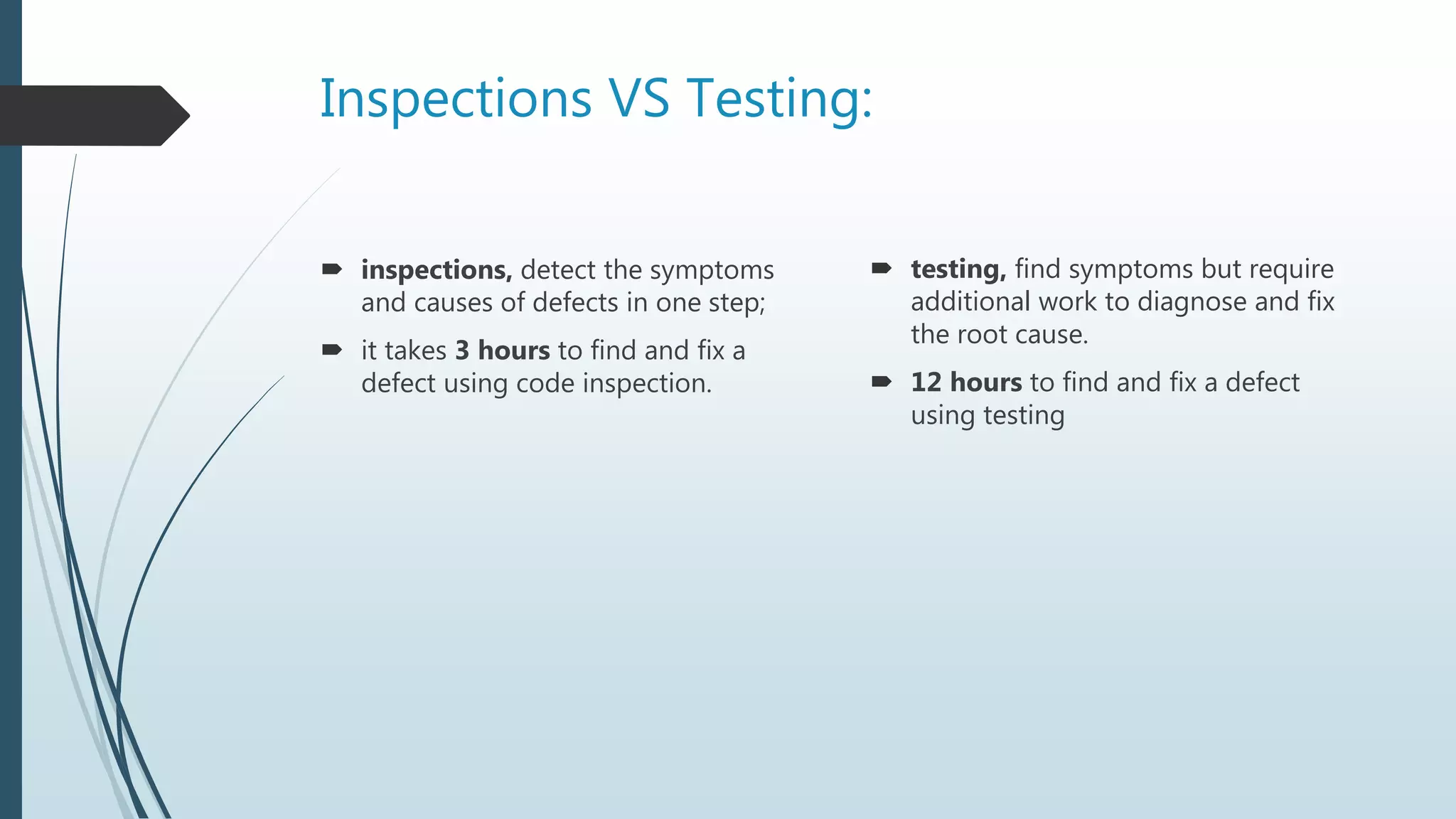 Inspections VS Testing:
 inspections, detect the symptoms
and causes of defects in one step;
 it takes 3 hours to find and fix a
defect using code inspection.
 testing, find symptoms but require
additional work to diagnose and fix
the root cause.
 12 hours to find and fix a defect
using testing
 