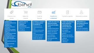 AUMENTA LA
SATISFACCIÓN DE TUS
CLIENTES Y
PROSPECTOS
Catálogo de clientes y
prospectos.
Cotizaciones y pedidos
Facturación electrónica
(CFDI 3.3).
Complemento de pagos
Listas de precio.
Catálogo de servicios y
conceptos de venta.
Recepción de pagos en
línea.
Portal de facturación en
línea.
Estado de cuenta de
clientes.
Notas de crédito.
CUENTA CON UN
PROCESO DE
COMPRAS
ORGANIZADO
Importación de gastos
Catálogo de
proveedores.
OPTIMIZA EL MANEJO
DETUS RECURSOS
ECONÓMICOS
Administración de
cuentas bancarias y
cajas.
Sistema multimoneda
Cuentas por cobrar y
pagar.
Conciliación bancaria.
Anticipos de clientes.
Gestión de ingresos.
Gestión de egresos.
CUMPLIRCONTUS
OBLIGACIONES
FISCALES ES MÁS
FÁCIL
Estados financieros.
Gestión de activos.
Pólizas de diario.
Pólizas contables
automáticas.
Reporte DIOT.
Descarga de XML
del SAT.
TOMA DECISIONES
INTELIGENTES
CON BASE EN
DATOS REALES
Dashboard con
principales
indicadores de
gestión.
Reporte de ventas.
Reporte de compras
y gastos.
Reporte de
cobranza.
ORGANIZA LA
INFORMACIÓN DE
TUTALENTO
HUMANO
Lista de empleados.
Gestión de nóminas.
 