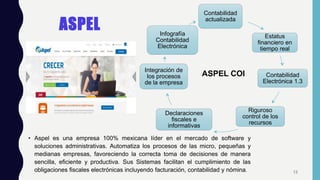 ASPEL
• Aspel es una empresa 100% mexicana líder en el mercado de software y
soluciones administrativas. Automatiza los procesos de las micro, pequeñas y
medianas empresas, favoreciendo la correcta toma de decisiones de manera
sencilla, eficiente y productiva. Sus Sistemas facilitan el cumplimiento de las
obligaciones fiscales electrónicas incluyendo facturación, contabilidad y nómina.
Contabilidad
actualizada
Estatus
financiero en
tiempo real
Contabilidad
Electrónica 1.3
Riguroso
control de los
recursos
Declaraciones
fiscales e
informativas
Integración de
los procesos
de la empresa
Infografía
Contabilidad
Electrónica
ASPEL COI
13
 