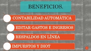 CONTABILIDAD AUTOMÁTICA
EDITAR GASTOS E INGRESOS
RESPALDOS EN LÍNEA
IMPUESTOS Y DIOT 5
 