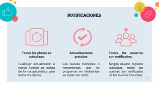 notificaciones
.22
Todos los planes se
actualizan.
Cualquier actualización o
nueva función se realiza
de forma automática para
todos los planes.
Actualizaciones
gratuitas
Las nuevas funciones o
herramientas que se
programan en miskuentas
se suben sin costo.
Todos los usuarios
son notificados.
Ningún usuario requiere
actualizar, todas las
cuentas son notificadas
de las nuevas funciones.
 