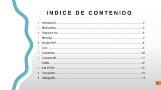 I N D I C E D E C O N T E N I D O
 Introducción…………………………………………………………………………………….3
 MisKuentas………………………………………………………………………….………….4
 Factura-e.mx………………………………………………………………………….………..6
 Microsip……………………………………………………………………………….………...7
 Sinube ERP……………………………………………………………………………….……8
 Crol……………………………………………………………………………………………...9
 Contalinea……………………………………………………………………………………..10
 ContadorMx……………………………………………………………………………….......11
 Softlik…………………………………………………………………………………………..12
 SAI ERP® …………………………………………………………………………………….13
 Conclusión………………………………………………………………………………….....14
 Bibliografia……………………………………………………………………………………..15
2
 