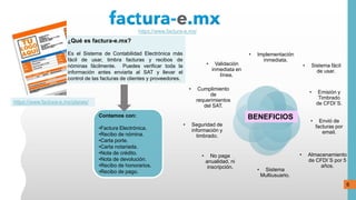 ¿Qué es factura-e.mx?
Es el Sistema de Contabilidad Electrónica más
fácil de usar, timbra facturas y recibos de
nóminas fácilmente. Puedes verificar toda la
información antes enviarla al SAT y llevar el
control de las facturas de clientes y proveedores.
https://www.factura-e.mx/planes/
• Cumplimiento
de
requerimientos
del SAT.
• Validación
inmediata en
línea.
• Implementación
inmediata.
BENEFICIOSContamos con:
•Factura Electrónica.
•Recibo de nómina.
•Carta porte.
•Carta notariada.
•Nota de crédito.
•Nota de devolución.
•Recibo de honorarios.
•Recibo de pago.
• Sistema fácil
de usar.
• Emisión y
Timbrado
de CFDI´S.
• Envió de
facturas por
email.
• Seguridad de
información y
timbrado.
• No paga
anualidad, ni
inscripción. • Sistema
Multiusuario.
• Almacenamiento
de CFDI´S por 5
años.
https://www.factura-e.mx/
6
 