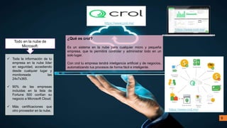 ¿Qué es crol?
Es un sistema en la nube para cualquier micro y pequeña
empresa, que te permitirá controlar y administrar todo en un
solo lugar.
Con crol tu empresa tendrá inteligencia artificial y de negocios,
automatizando tus procesos de forma fácil e inteligente.
https://www.crol.mx/
Todo en la nube de
Microsoft:
 Toda la información de tu
empresa en la nube líder
en seguridad, accediendo
desde cualquier lugar y
monitoreada las
24x7x365.
 90% de las empresas
incluidas en la lista de
Fortune 500 confían su
negocio a Microsoft Cloud.
 Más certificaciones que
otro proveedor en la nube.
https://www.crol.mx/
https://www.crol.mx/
9
 