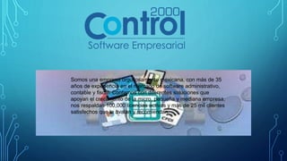 Somos una empresa orgullosamente mexicana, con más de 35
años de experiencia en el mercado de software administrativo,
contable y fiscal. Contamos con diferentes soluciones que
apoyan el crecimiento de la micro, pequeña y mediana empresa,
nos respaldan 100,000 licencias activas y más de 25 mil clientes
satisfechos que lo avalan y recomiendan.
 