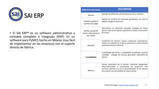 SAI ERP
• El SAI ERP® es un software administrativo y
contable completo e integrado (ERP). Es un
software para PyMES hecho en México muy fácil
de implementar en las empresas con el soporte
directo de fábrica.
Fuente de imagen: https://www.castelec.mx/
MÓDULOS INCLUIDOS DESCRIPIÓN
Bancos
Manejar las diferentes cuentas bancarias de su empresa.
Compras, gastos y
cuentas por pagar.
Maneje las compras de materiales (productos), así como el
registro de gastos (servicios).
Ventas, puntos de
venta y documentos
por cobrar
Documentos en diferentes monedas, unidades de venta,
genera reportes de ingresos, ganancias y realiza la facturación
de ventas.
Almacén
Estadísticas de compras / gastos, existencias, movimientos,
ventas. Los módulos de compras, producción y ventas afectan
automáticamente el almacén.
Contabilidad
Contabilidad electrónica y contabilidad simplificada, reportes
contables, catalogo de cuentas, generación automática de
pólizas .
Nómina
Cálculo automático de la nómina, cubriendo obligaciones
obrero-patronales y controlando las incidencias más
comunes, permite a la vez la personalización de los cálculos
de acuerdo a las necesidades de cada empresa.
14
 