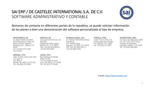 SAI ERP / DE CASTELEC INTERNATIONAL S.A. DE C.V.
SOFTWARE ADMINISTRATIVO Y CONTABLE
Números de contacto en diferentes partes de la republica, se puede solicitar información
de los planes o bien una demostración del software personalizada al tipo de empresa.
Fuente: https://www.castelec.mx/
17
 