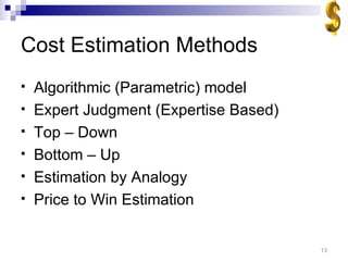 Cost Estimation Methods Algorithmic (Parametric) model Expert Judgment (Expertise Based) Top – Down Bottom – Up Estimation by Analogy Price to Win Estimation 