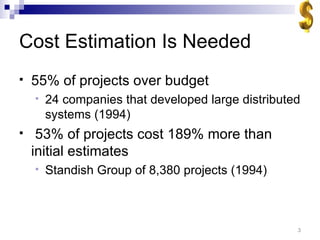 Cost Estimation Is Needed 55% of projects over budget 24 companies that developed large distributed systems (1994) 53% of projects cost 189% more than initial estimates Standish Group of 8,380 projects (1994)  