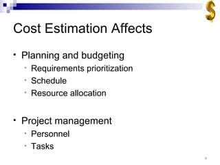 Cost Estimation Affects Planning and budgeting Requirements prioritization Schedule Resource allocation Project management Personnel Tasks 