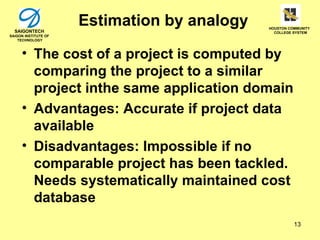 SAIGONTECH
                      Estimation by analogy   HOUSTON COMMUNITY
                                                COLLEGE SYSTEM
SAIGON INSTITUTE OF
    TECHNOLOGY



     • The cost of a project is computed by
       comparing the project to a similar
       project inthe same application domain
     • Advantages: Accurate if project data
       available
     • Disadvantages: Impossible if no
       comparable project has been tackled.
       Needs systematically maintained cost
       database
                                                        13
 