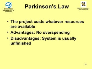SAIGONTECH
SAIGON INSTITUTE OF
                      Parkinson's Law    HOUSTON COMMUNITY
                                           COLLEGE SYSTEM

    TECHNOLOGY




       • The project costs whatever resources
         are available
       • Advantages: No overspending
       • Disadvantages: System is usually
         unfinished




                                                   14
 