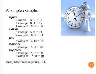 A simple example:
inputs
3 simple X 2 = 6
4 average X 4 = 16
1 complex X 6 = 6
outputs
6 average X 5 = 30
2 complex X 7 = 14
files
5 complex X 15 = 75
inquiries
8 average X 4 = 32
interfaces
3 average X 7 = 21
4 complex X 10 = 40
Unadjusted function points - 240
14
 