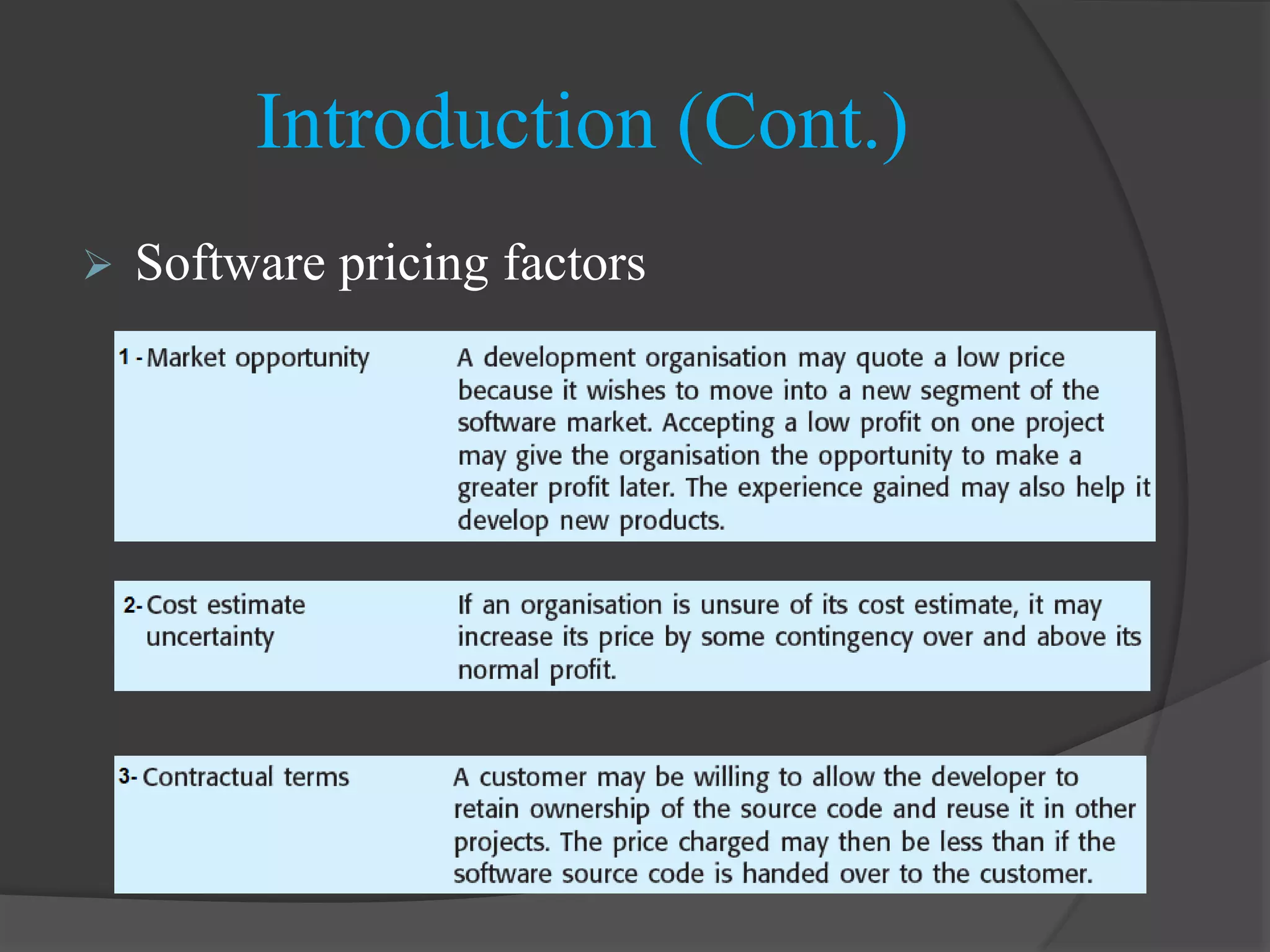  Software pricing factors
Introduction (Cont.)
 