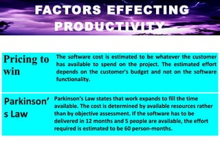 FACTORS EFFECTING
        PRODUCTIVITY

Pricing to   The software cost is estimated to be whatever the customer
             has available to spend on the project. The estimated effort
win          depends on the customer’s budget and not on the software
             functionality.


Parkinson’   Parkinson’s Law states that work expands to fill the time
             available. The cost is determined by available resources rather
s Law        than by objective assessment. If the software has to be
             delivered in 12 months and 5 people are available, the effort
             required is estimated to be 60 person-months.
 