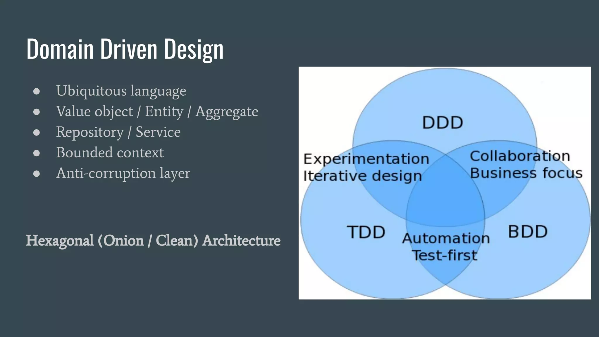 Domain Driven Design
● Ubiquitous language
● Value object / Entity / Aggregate
● Repository / Service
● Bounded context
● Anti-corruption layer
Hexagonal (Onion / Clean) Architecture
 