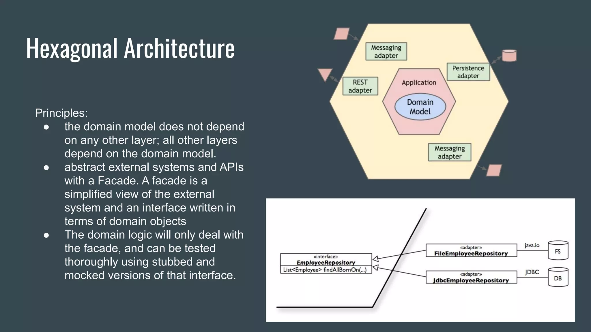 Hexagonal Architecture
Principles:
● the domain model does not depend
on any other layer; all other layers
depend on the domain model.
● abstract external systems and APIs
with a Facade. A facade is a
simplified view of the external
system and an interface written in
terms of domain objects
● The domain logic will only deal with
the facade, and can be tested
thoroughly using stubbed and
mocked versions of that interface.
 