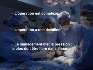 - L’opération est complexe. 
- L’opération a une deadline 
- Le management met la pression : 
le bloc doit être libre dans l’heure. 
 