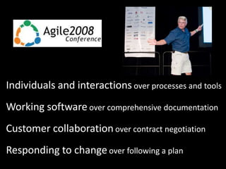 History



Individuals and interactions over processes and tools
Working software over comprehensive documentation
Customer collaboration over contract negotiation
Responding to change over following a plan
 