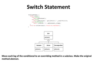Switch Statement
Move each leg of the conditional to an overriding method in a subclass. Make the original
method abstract.
 