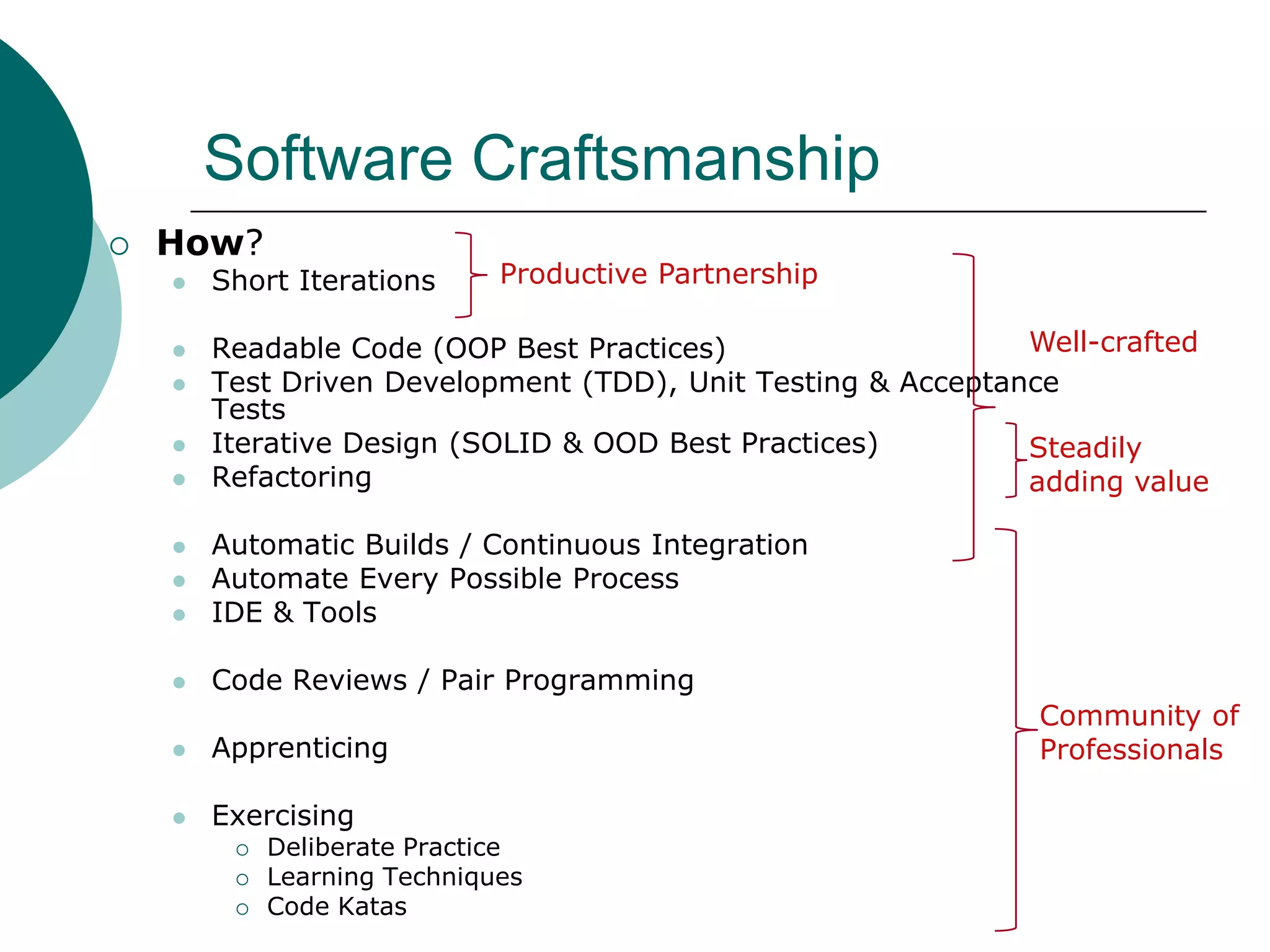 Software CraftsmanshipHow?Short IterationsReadable Code (OOP Best Practices)Test Driven Development (TDD), Unit Testing & Acceptance TestsIterative Design (SOLID & OOD Best Practices)RefactoringAutomatic Builds / Continuous IntegrationAutomate Every Possible ProcessIDE & ToolsCode Reviews / Pair Programming Apprenticing Exercising Deliberate PracticeLearning TechniquesCode KatasProductive PartnershipWell-craftedSteadily adding valueCommunity of Professionals