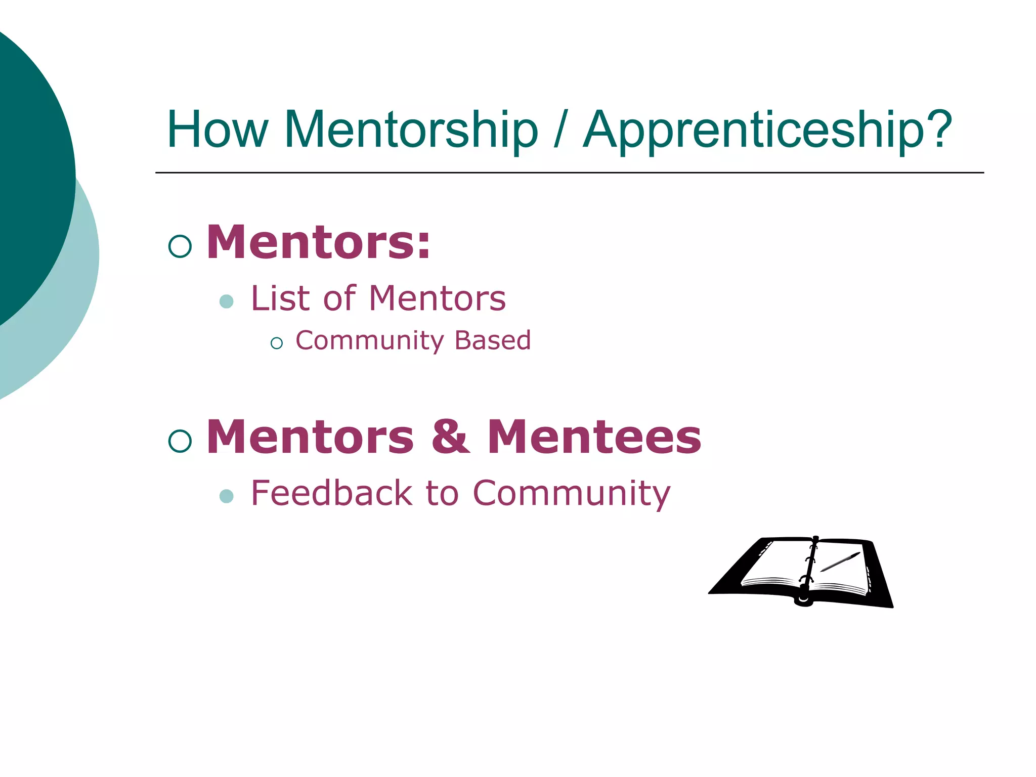 Mentorship / Apprenticeship ProgramAt least Four(4) months of commitmentBy a MentorBy a MenteeAt least Two(2) hours offrontal meeting during a week2*4*4 = 32H