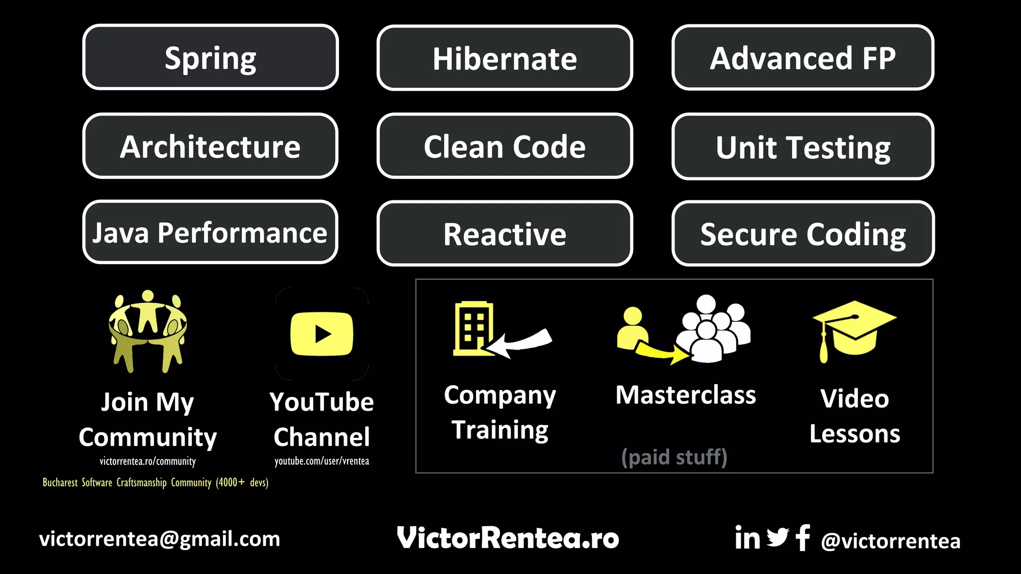 (paid stuff)
Hibernate
Spring Advanced FP
Architecture Clean Code Unit Testing
Masterclass
Company
Training
Video
Lessons
@victorrentea
VictorRentea.ro
victorrentea@gmail.com
Java Performance Secure Coding
Reactive
victorrentea.ro/community
Join My
Community
Bucharest Software Craftsmanship Community (4000+ devs)
YouTube
Channel
youtube.com/user/vrentea
 