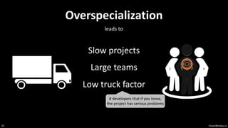 VictorRentea.ro
31
Overspecialization
Slow projects
Large teams
Low truck factor
# developers that if you loose,
the project has serious problems
leads to
 