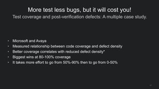 Test coverage and post-verification defects: A multiple case study.
17
More test less bugs, but it will cost you!
• Microsoft and Avaya
• Measured relationship between code coverage and defect density
• Better coverage correlates with reduced defect density*
• Biggest wins at 80-100% coverage
• It takes more effort to go from 50%-90% then to go from 0-50%
 