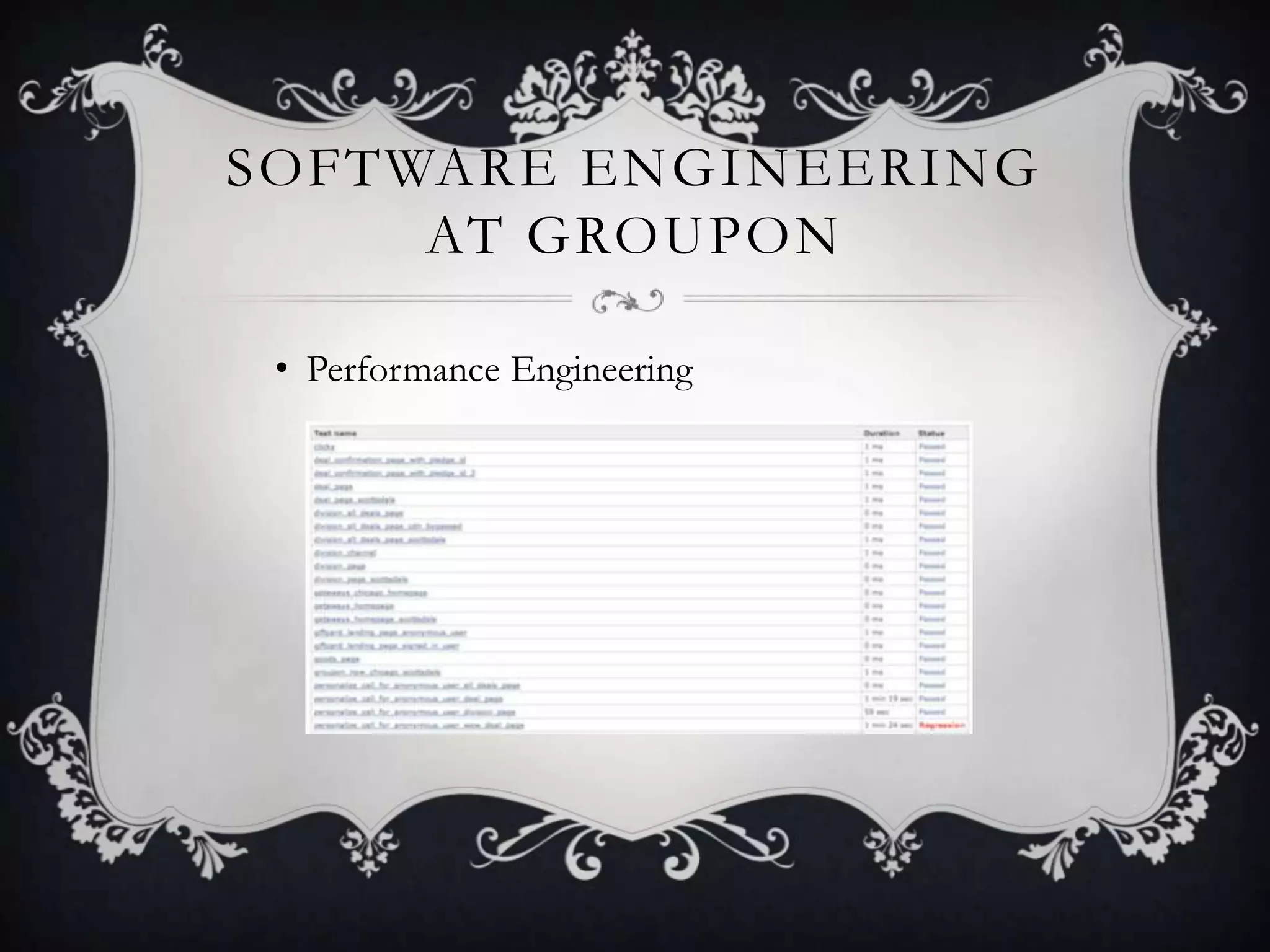 SOFTWARE ENGINEERING
     AT GROUPON

 • Performance Engineering
 