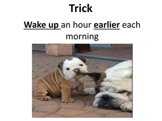 Wake up an hour earlier each
morning
Trick
 