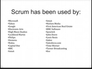 Scrum has been used by:
•Microsoft
•Yahoo
•Google
•Electronic Arts
•High Moon Studios
•Lockheed Martin
•Philips
•Siemens
•Nokia
•Capital One
•BBC
•Intuit
•Intuit
•Nielsen Media
•First American Real Estate
•BMC Software
•Ipswitch
•John Deere
•Lexis Nexis
•Sabre
•Salesforce.com
•Time Warner
•Turner Broadcasting
•Oce
 