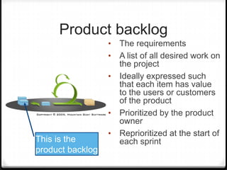 Product backlog
• The requirements
• A list of all desired work on
the project
• Ideally expressed such
that each item has value
to the users or customers
of the product
• Prioritized by the product
owner
• Reprioritized at the start of
each sprintThis is the
product backlog
 