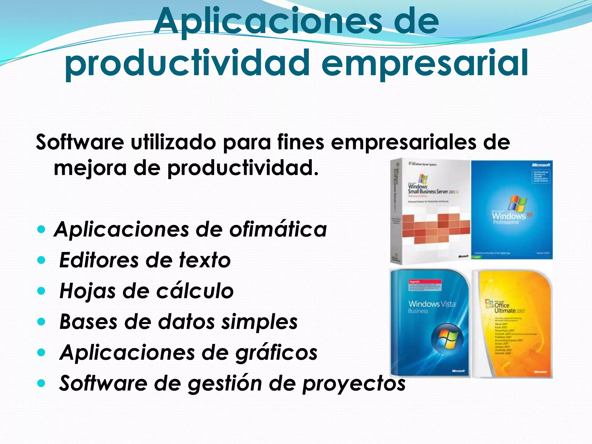 Aplicaciones de productividad empresarialSoftware utilizado para fines empresariales de mejora de productividad. Aplicaciones de ofimática Editores de texto Hojas de cálculo Bases de datos simples Aplicaciones de gráficos Software de gestión de proyectos