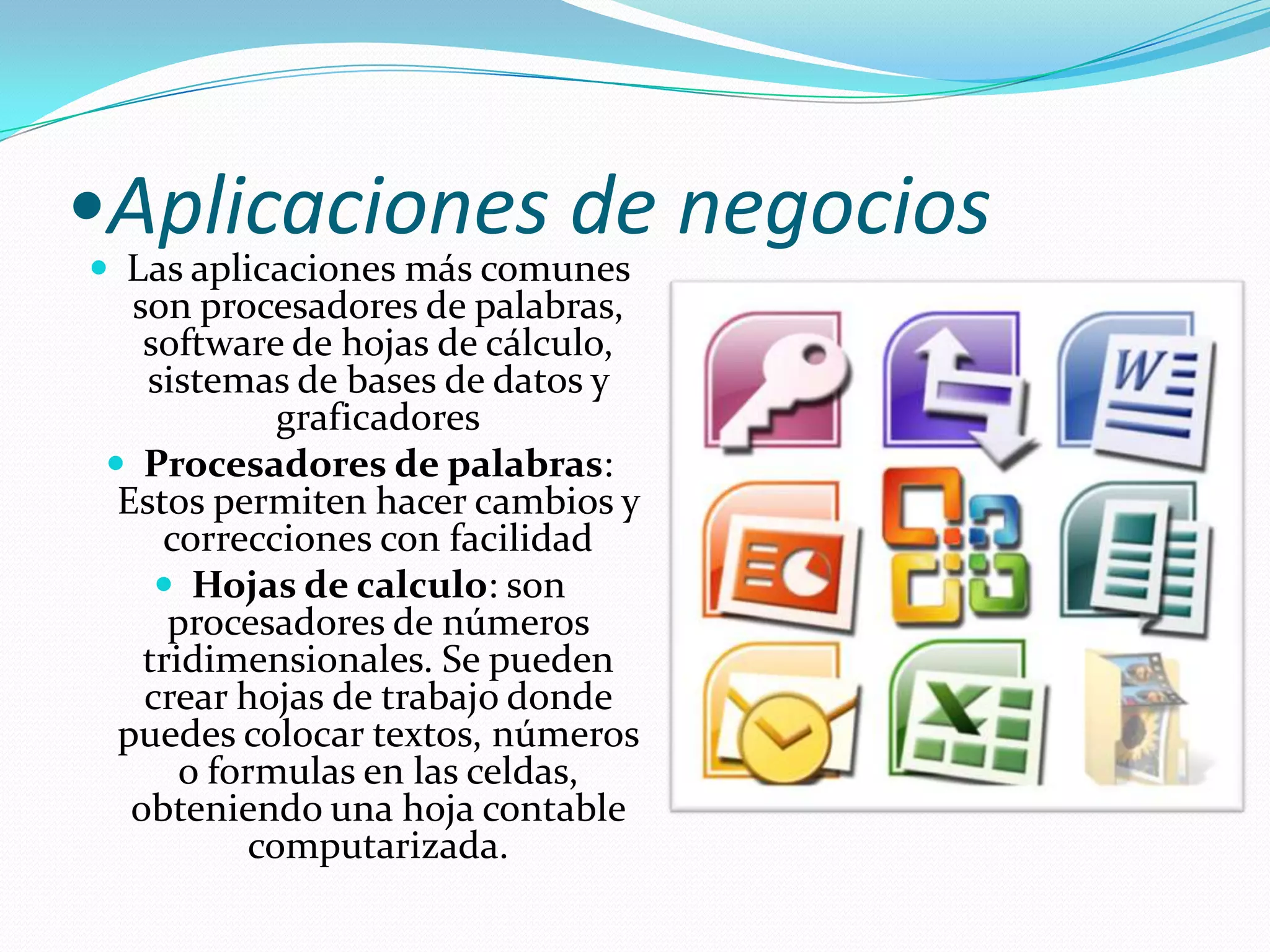 •Aplicaciones de negociosLas aplicaciones más comunes son procesadores de palabras, software de hojas de cálculo, sistemas de bases de datos y graficadoresProcesadores de palabras: Estos permiten hacer cambios y correcciones con facilidadHojas de calculo: son procesadores de números tridimensionales. Se pueden crear hojas de trabajo donde puedes colocar textos, números o formulas en las celdas, obteniendo una hoja contable computarizada.