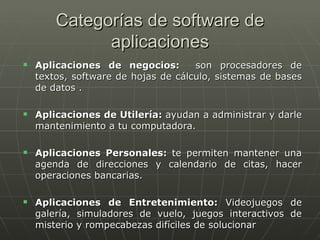 Categorías de software de aplicaciones Aplicaciones de negocios:  son procesadores de textos, software de hojas de cálculo, sistemas de bases de datos . Aplicaciones de Utilería:  ayudan a administrar y darle mantenimiento a tu computadora.  Aplicaciones Personales:  te permiten mantener una agenda de direcciones y calendario de citas, hacer operaciones bancarias.  Aplicaciones de Entretenimiento:  Videojuegos de galería, simuladores de vuelo, juegos interactivos de misterio y rompecabezas difíciles de solucionar 