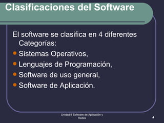 Clasificaciones del Software El software se clasifica en 4 diferentes Categorías:  Sistemas Operativos,  Lenguajes de Programación,  Software de uso general,  Software de Aplicación.  Unidad 6 Software de Aplicación y Redes 