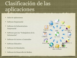 Clasificación de las
aplicaciones
Suite de Aplicaciones
Software Empresarial
Software de Infraestructura
Empresarial
Software para los “Trabajadores de la
Información”
Software de Acceso a Contenidos
Software Educativo
Software de Simulación
Software de Desarrollo de Medios
 