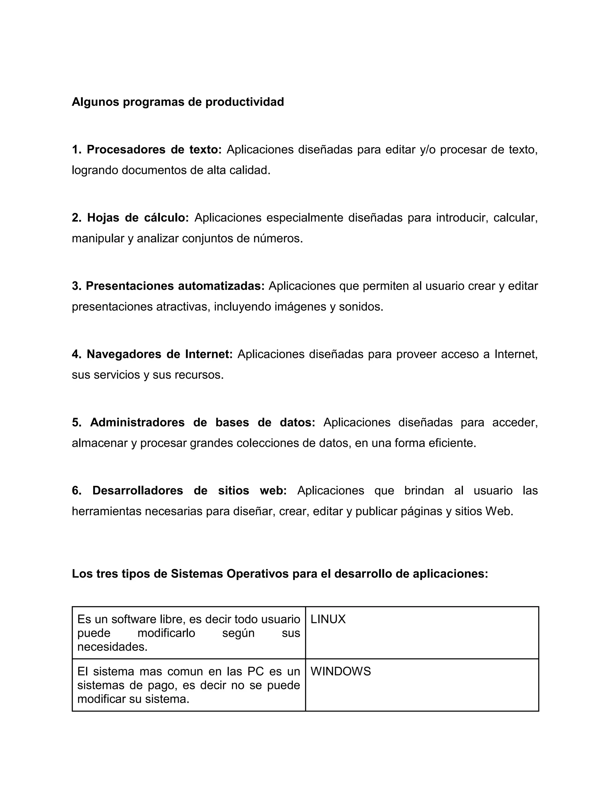 Algunos programas de productividad
1. Procesadores de texto: Aplicaciones diseñadas para editar y/o procesar de texto,
logrando documentos de alta calidad.
2. Hojas de cálculo: Aplicaciones especialmente diseñadas para introducir, calcular,
manipular y analizar conjuntos de números.
3. Presentaciones automatizadas: Aplicaciones que permiten al usuario crear y editar
presentaciones atractivas, incluyendo imágenes y sonidos.
4. Navegadores de Internet: Aplicaciones diseñadas para proveer acceso a Internet,
sus servicios y sus recursos.
5. Administradores de bases de datos: Aplicaciones diseñadas para acceder,
almacenar y procesar grandes colecciones de datos, en una forma eficiente.
6. Desarrolladores de sitios web: Aplicaciones que brindan al usuario las
herramientas necesarias para diseñar, crear, editar y publicar páginas y sitios Web.
Los tres tipos de Sistemas Operativos para el desarrollo de aplicaciones:
LINUXEs un software libre, es decir todo usuario
puede modificarlo según sus
necesidades.
WINDOWSEl sistema mas comun en las PC es un
sistemas de pago, es decir no se puede
modificar su sistema.
 